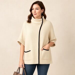 LC Lauren Conrad Cream Poncho with Black Accents Cape Sweater One Size (EUC)